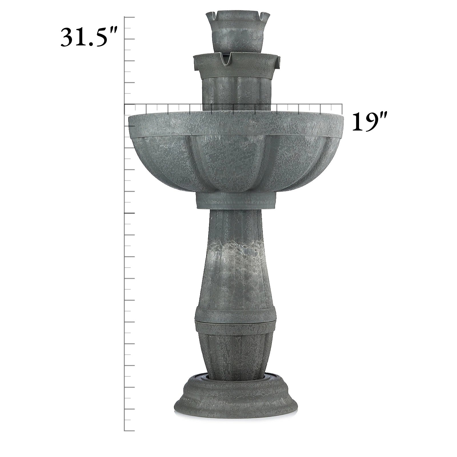Decorative stone fountain with measurements on a white background