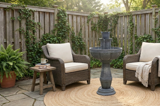 Outdoor patio setting with wicker chairs, coffee table, and decorative fountain.