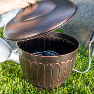 Bernini Metal Hose Storage Pot with Lid and Drainage Hole