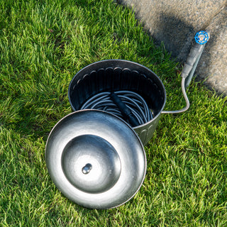 Bernini Metal Hose Storage Pot with Lid and Drainage Hole
