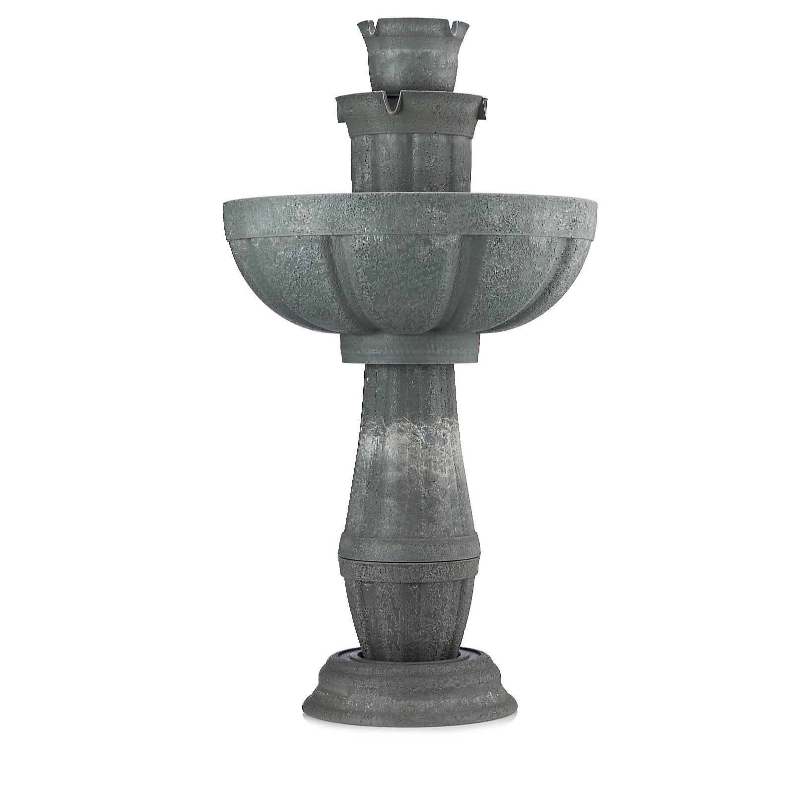 Three-tiered stone looking fountain on a white background