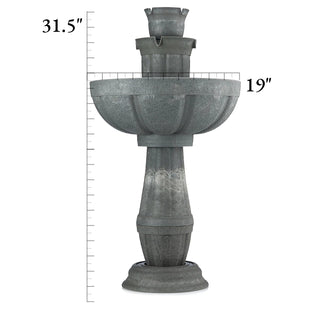Decorative stone fountain with measurements on a white background