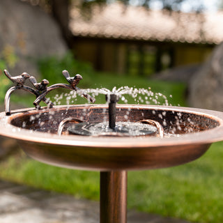 Bronze bird bath with water feature in a garden setting